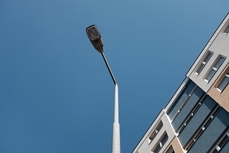 lamppost, building, blue sky